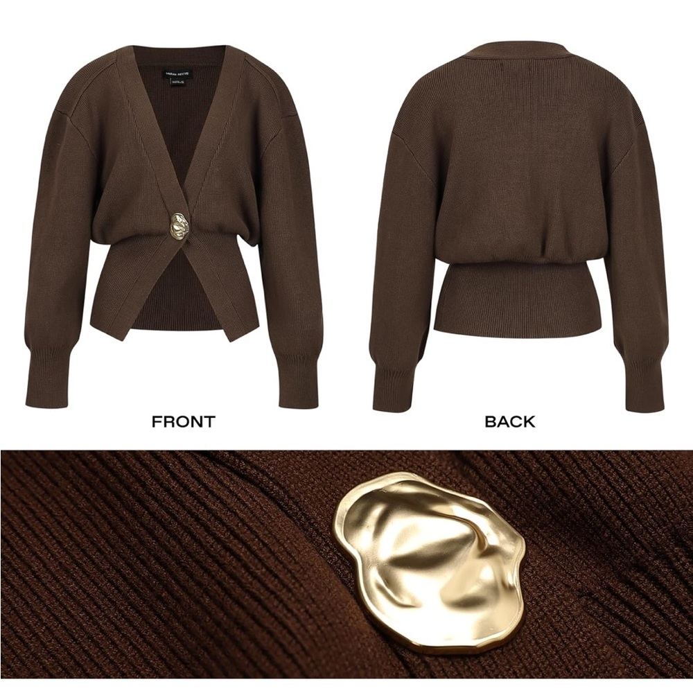 NWOT Brown V-Neck Sweater with Gold Button - Picture 8 of 9